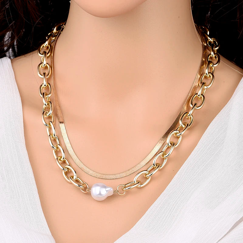 Fashion Chain Pearl Necklace For Women Baroque Pearl Metal Charm Pendant Necklaces Choker Snake Chain Jewelry Gold Silver Color