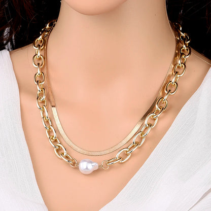 Fashion Chain Pearl Necklace For Women Baroque Pearl Metal Charm Pendant Necklaces Choker Snake Chain Jewelry Gold Silver Color