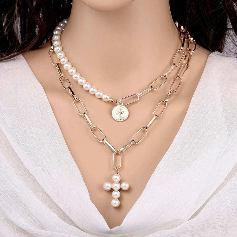 Fashion Chain Pearl Necklace For Women Baroque Pearl Metal Charm Pendant Necklaces Choker Snake Chain Jewelry Gold Silver Color