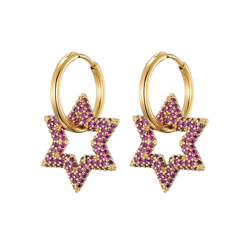 LOVBEAFAS New Star Round Stainless Steel Hoop Earrings For Women Cubic Zirconia Geometric Gold Color Wedding Elegant Jewelry