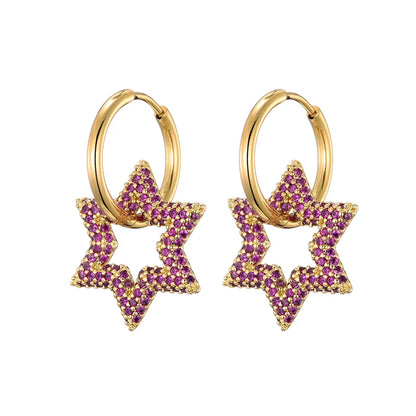 LOVBEAFAS New Star Round Stainless Steel Hoop Earrings For Women Cubic Zirconia Geometric Gold Color Wedding Elegant Jewelry