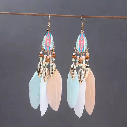 Boho Long Feather Dangle Women's Earrings Beach Long Tassel Beads Handmade Flower Enamel Earrings Bride Wedding Pendientes Mujer