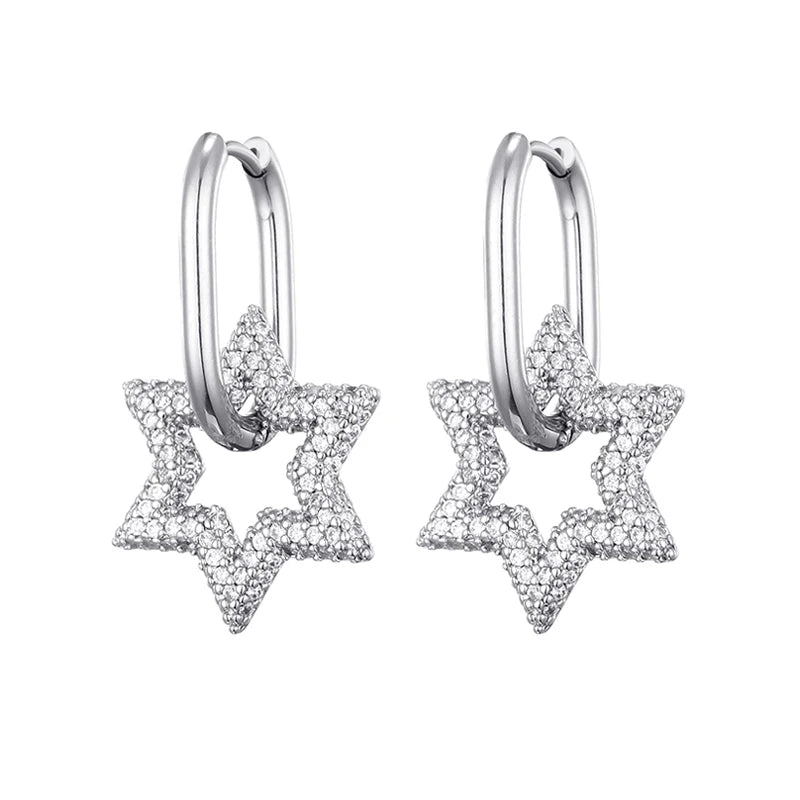 LOVBEAFAS New Star Round Stainless Steel Hoop Earrings For Women Cubic Zirconia Geometric Gold Color Wedding Elegant Jewelry
