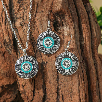 Vintage Bohemian Hollow Round Geometric Necklace Earrings Set For Women Indian Jewelry Ethnic Bule Beads Pendant Jewelry Sets