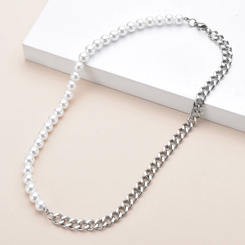 New Stainless Steel Cuban Curb Link Chain Pearl Choker Necklace For Women Men Punk Hip-hop 8mm White Beaded Silver Color Jewelry