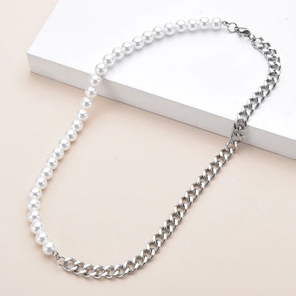 New Stainless Steel Cuban Curb Link Chain Pearl Choker Necklace For Women Men Punk Hip-hop 8mm White Beaded Silver Color Jewelry