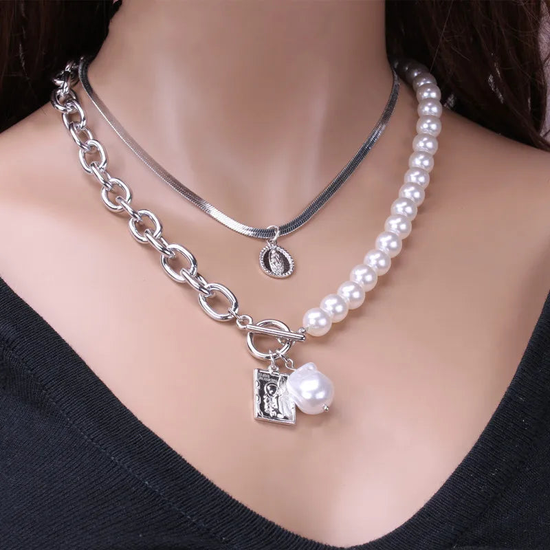 Fashion Chain Pearl Necklace For Women Baroque Pearl Metal Charm Pendant Necklaces Choker Snake Chain Jewelry Gold Silver Color