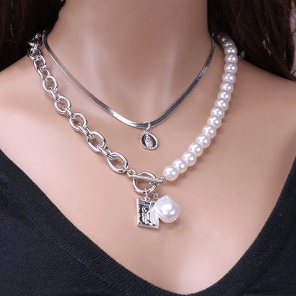 Fashion Chain Pearl Necklace For Women Baroque Pearl Metal Charm Pendant Necklaces Choker Snake Chain Jewelry Gold Silver Color
