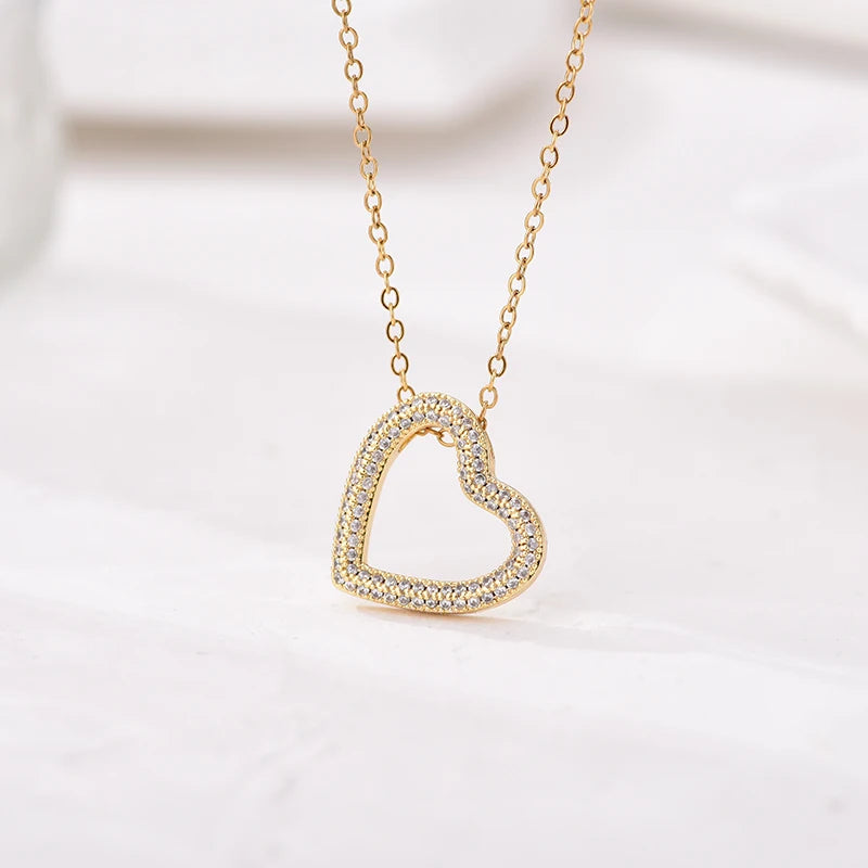 Fashion Classic Heart Zincon Pendant Necklace For Women Stainless Steel Chain Vintage Choker Necklace Female Daily Jewelry Gift