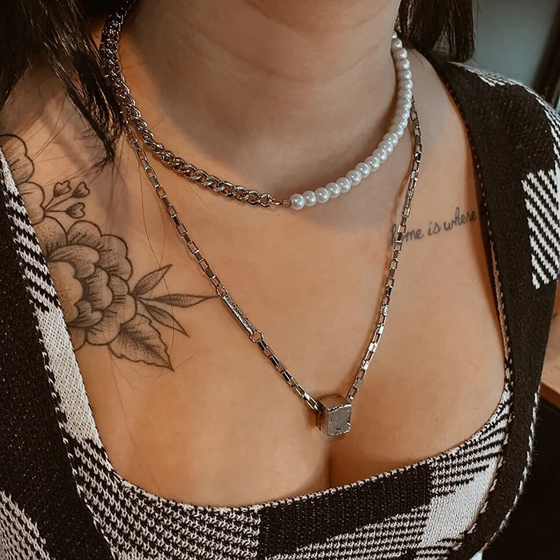 New Stainless Steel Cuban Curb Link Chain Pearl Choker Necklace For Women Men Punk Hip-hop 8mm White Beaded Silver Color Jewelry