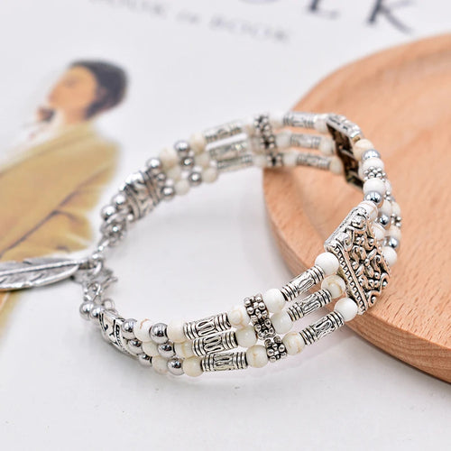 Vintage Natural Stone Bohemian Bracelet For Women Handmade Jewelry Blue Round Beads Carved Boho Bracelets Bangles Femme Pulseras