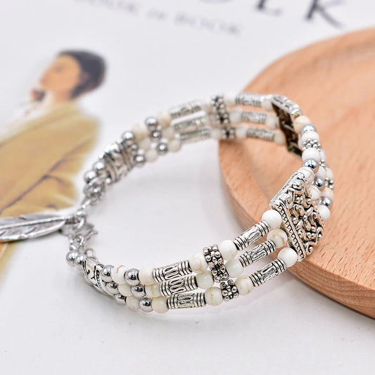 Vintage Natural Stone Bohemian Bracelet For Women Handmade Jewelry Blue Round Beads Carved Boho Bracelets Bangles Femme Pulseras