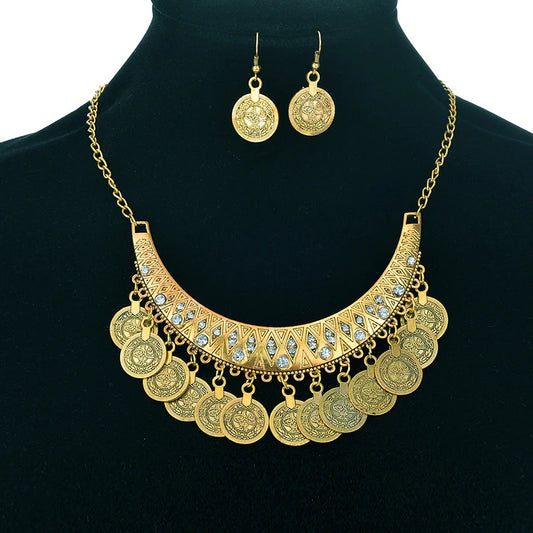 Ethnic Gypsy Tribal Boho Choker Necklaces For Women Vintage Statement Coin Tassel Rhinestone Necklace Earrings Jewelry Sets