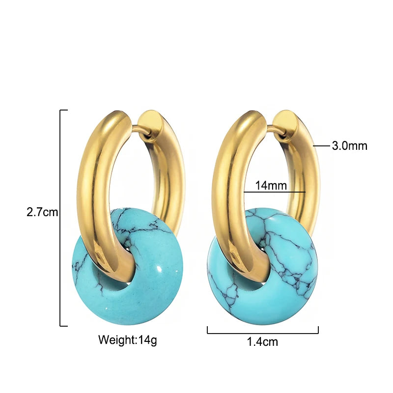 Classic Fashion Natural Stone Round Bead Hoop Earrings Woman Turquoises 3.0mm Thick Stainless Steel Ear Buckle Earrings Jewelry