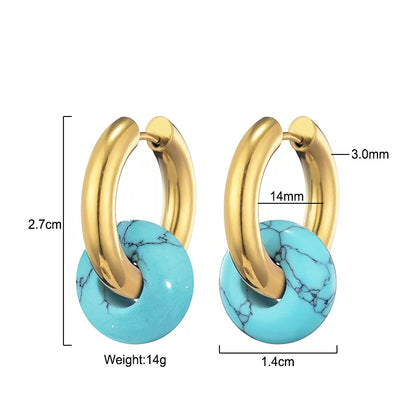 Classic Fashion Natural Stone Round Bead Hoop Earrings Woman Turquoises 3.0mm Thick Stainless Steel Ear Buckle Earrings Jewelry