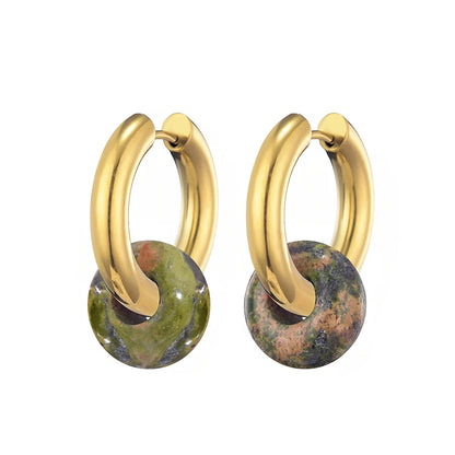 Classic Fashion Natural Stone Round Bead Hoop Earrings Woman Turquoises 3.0mm Thick Stainless Steel Ear Buckle Earrings Jewelry