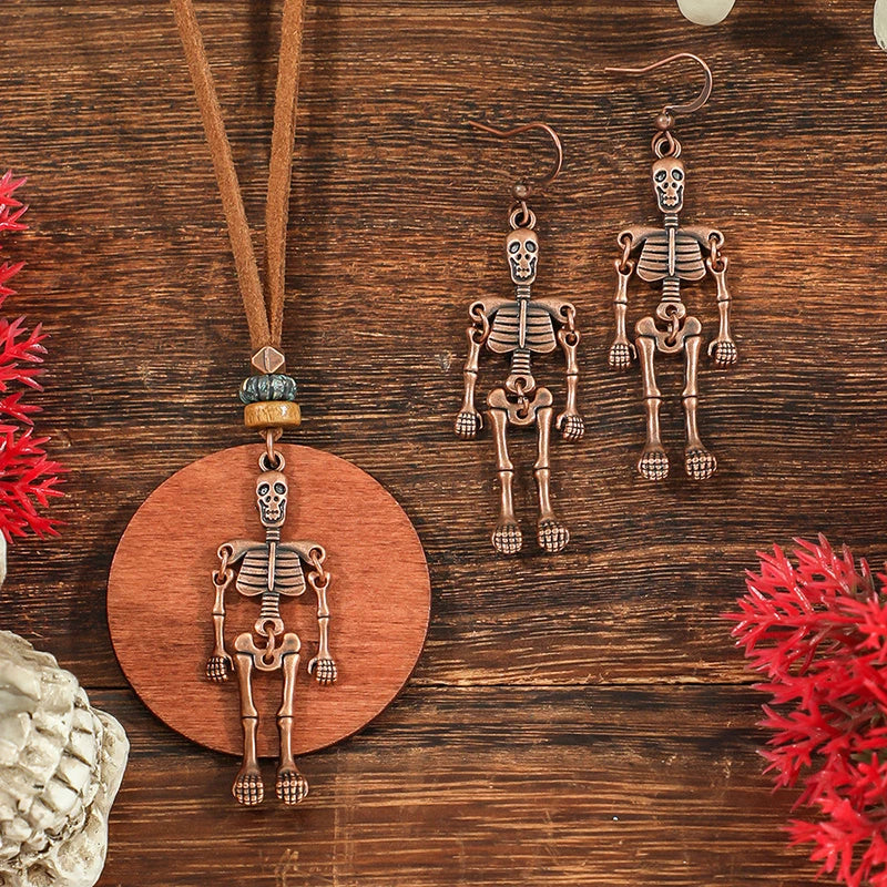 Fashion Retro Vintage Sweater Leather Rope Round Wooden Pendant Necklace Woman Jewelry Set Earrings Skull Collar Choker Necklace