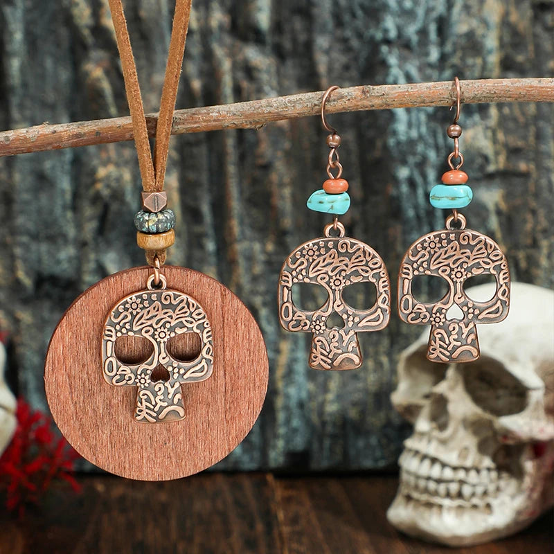 Fashion Retro Vintage Sweater Leather Rope Round Wooden Pendant Necklace Woman Jewelry Set Earrings Skull Collar Choker Necklace