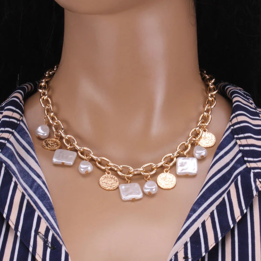 Vintage Retro Irregular Baroque Pearl Coin Pendant Collar Choker Necklace For Women Punk Metal Chain Necklace Gold Silver Color