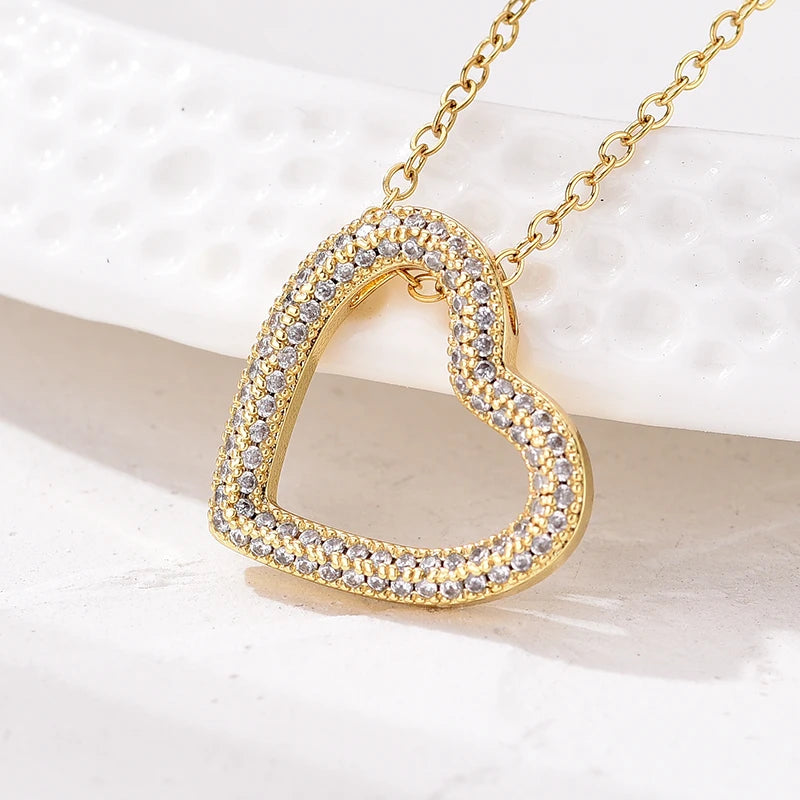 Fashion Classic Heart Zincon Pendant Necklace For Women Stainless Steel Chain Vintage Choker Necklace Female Daily Jewelry Gift