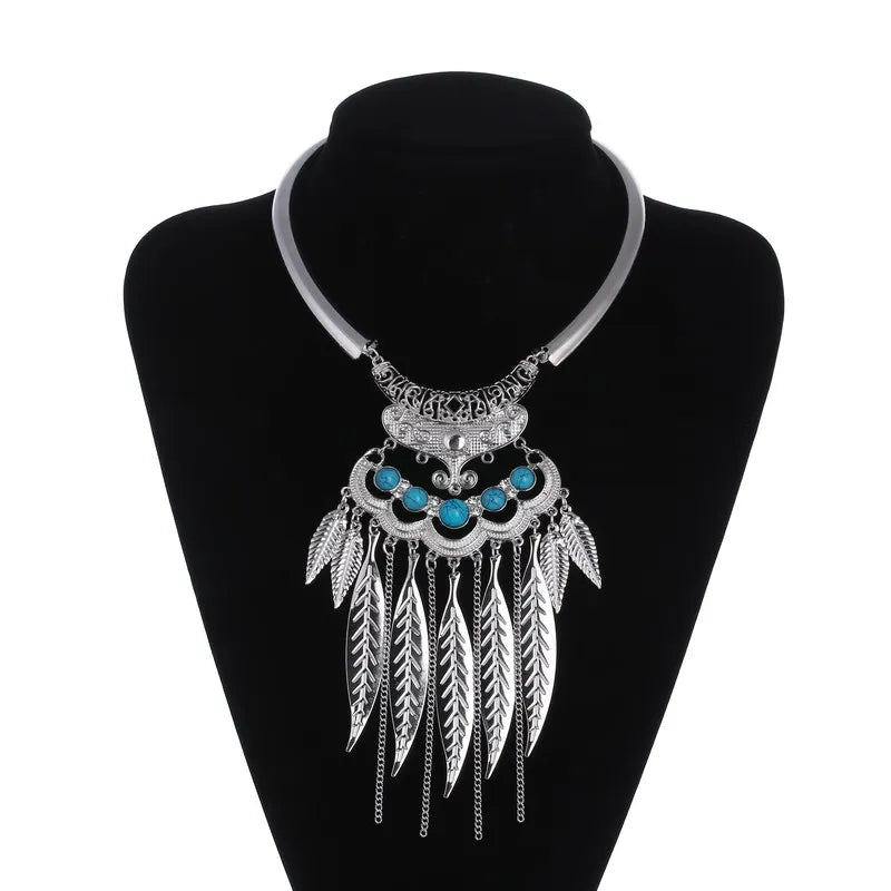 Vintage Statement Boho Necklace For Women Leaves Tassel Blue Black Red Beads Rhinestone Bohemian Necklace Party Jewelry Gift
