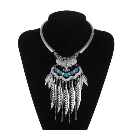 Vintage Statement Boho Necklace For Women Leaves Tassel Blue Black Red Beads Rhinestone Bohemian Necklace Party Jewelry Gift