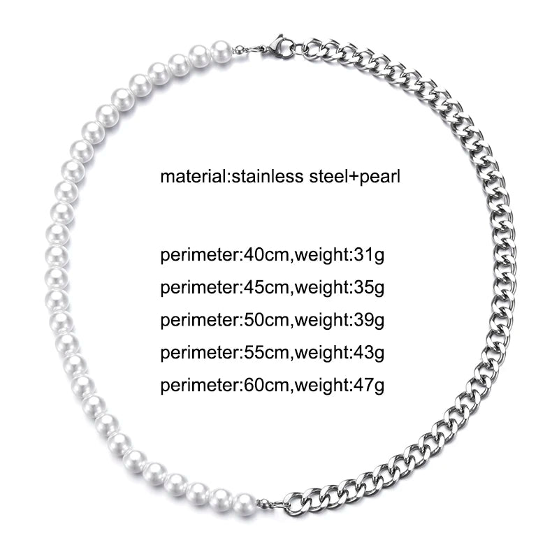 New Stainless Steel Cuban Curb Link Chain Pearl Choker Necklace For Women Men Punk Hip-hop 8mm White Beaded Silver Color Jewelry