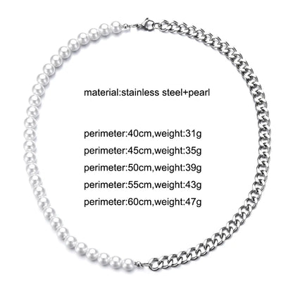 New Stainless Steel Cuban Curb Link Chain Pearl Choker Necklace For Women Men Punk Hip-hop 8mm White Beaded Silver Color Jewelry