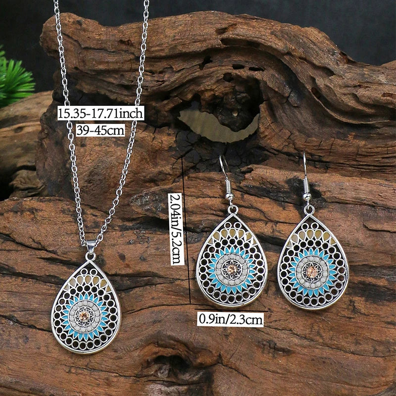 Vintage Bohemian Hollow Round Geometric Necklace Earrings Set For Women Indian Jewelry Ethnic Bule Beads Pendant Jewelry Sets