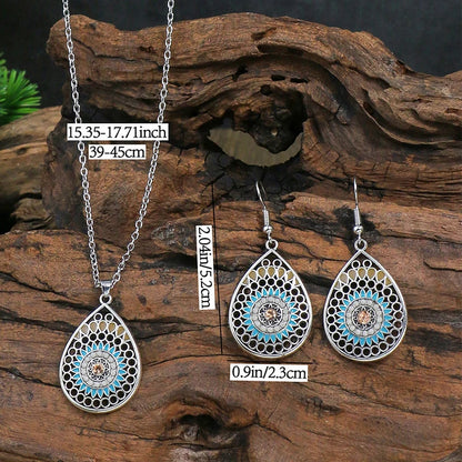 Vintage Bohemian Hollow Round Geometric Necklace Earrings Set For Women Indian Jewelry Ethnic Bule Beads Pendant Jewelry Sets