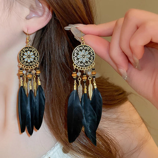 Boho Long Feather Dangle Women's Earrings Beach Long Tassel Beads Handmade Flower Enamel Earrings Bride Wedding Pendientes Mujer