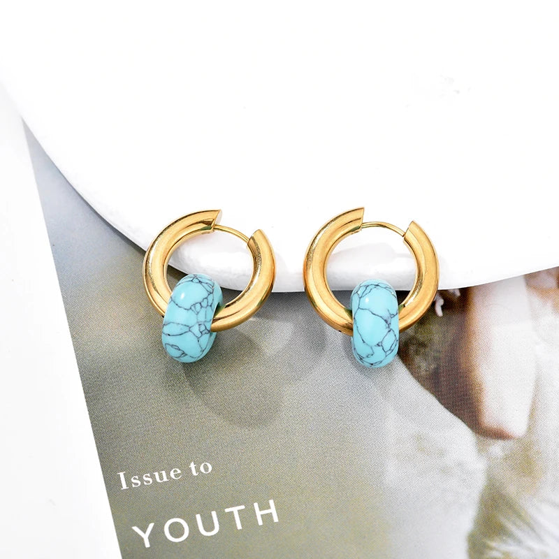 Classic Fashion Natural Stone Round Bead Hoop Earrings Woman Turquoises 3.0mm Thick Stainless Steel Ear Buckle Earrings Jewelry