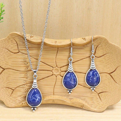 Vintage Bohemian Hollow Round Geometric Necklace Earrings Set For Women Indian Jewelry Ethnic Bule Beads Pendant Jewelry Sets