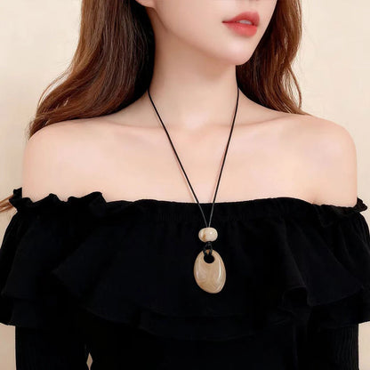 Vintage Acrylic Water Drop Hollow Irregular Geometric Pendant Necklace Woman Wax Rope Beaded Adjustable Sweater Chain Jewelry
