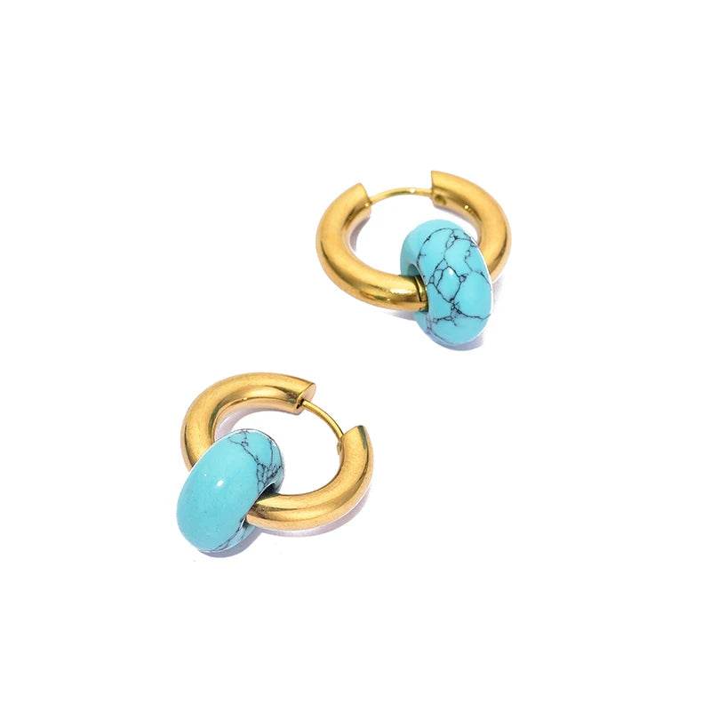 Classic Fashion Natural Stone Round Bead Hoop Earrings Woman Turquoises 3.0mm Thick Stainless Steel Ear Buckle Earrings Jewelry