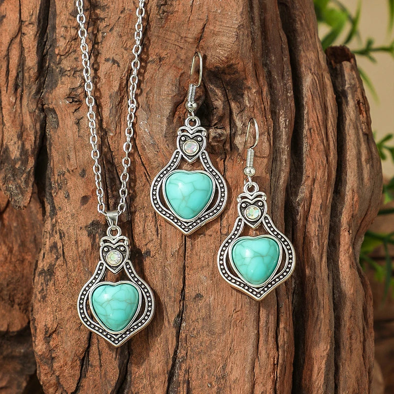 Vintage Bohemian Hollow Round Geometric Necklace Earrings Set For Women Indian Jewelry Ethnic Bule Beads Pendant Jewelry Sets