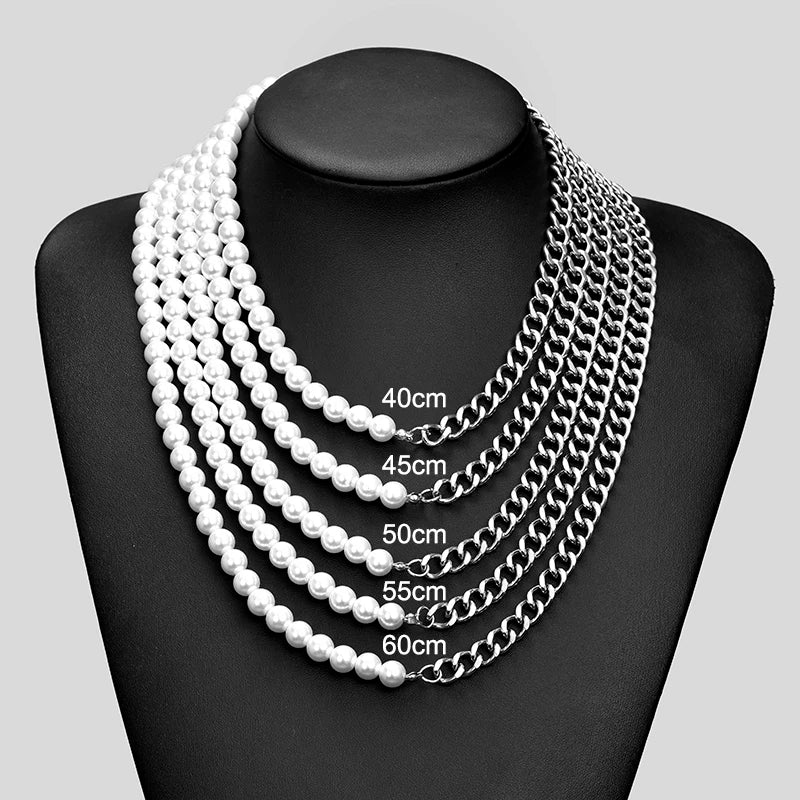 New Stainless Steel Cuban Curb Link Chain Pearl Choker Necklace For Women Men Punk Hip-hop 8mm White Beaded Silver Color Jewelry