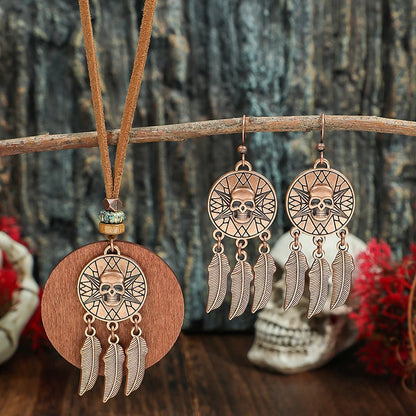 Fashion Retro Vintage Sweater Leather Rope Round Wooden Pendant Necklace Woman Jewelry Set Earrings Skull Collar Choker Necklace