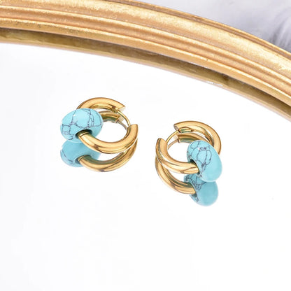 Classic Fashion Natural Stone Round Bead Hoop Earrings Woman Turquoises 3.0mm Thick Stainless Steel Ear Buckle Earrings Jewelry