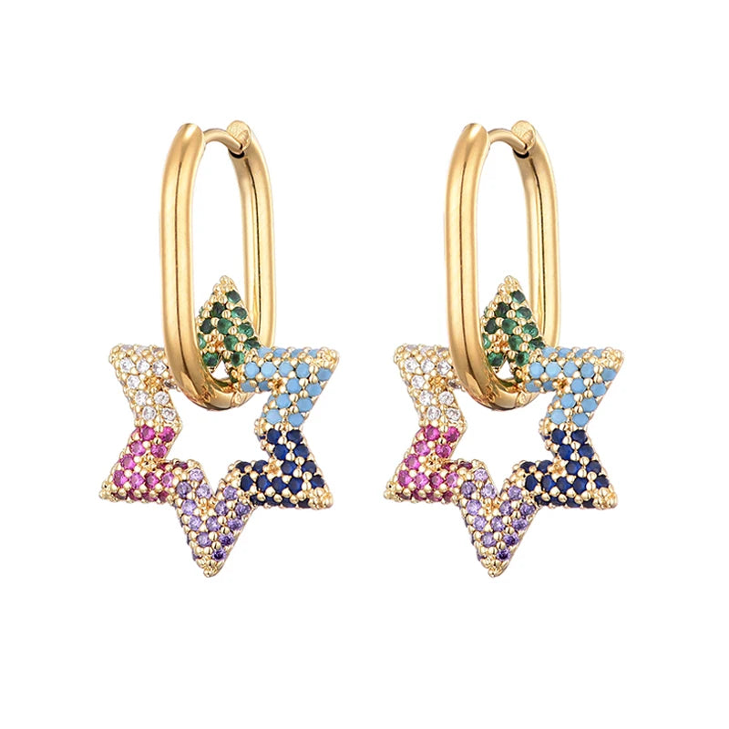 LOVBEAFAS New Star Round Stainless Steel Hoop Earrings For Women Cubic Zirconia Geometric Gold Color Wedding Elegant Jewelry