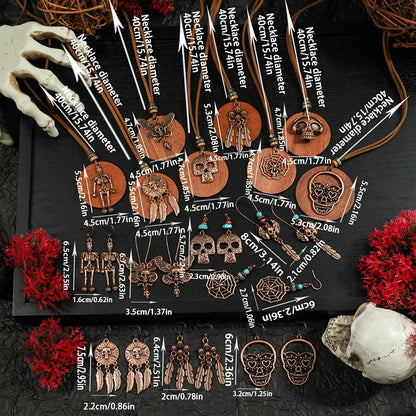 Fashion Retro Vintage Sweater Leather Rope Round Wooden Pendant Necklace Woman Jewelry Set Earrings Skull Collar Choker Necklace