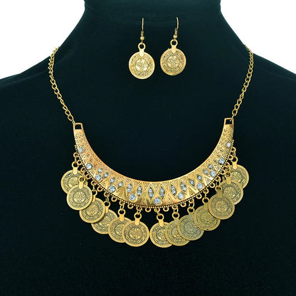 Ethnic Gypsy Tribal Boho Choker Necklaces For Women Vintage Statement Coin Tassel Rhinestone Necklace Earrings Jewelry Sets