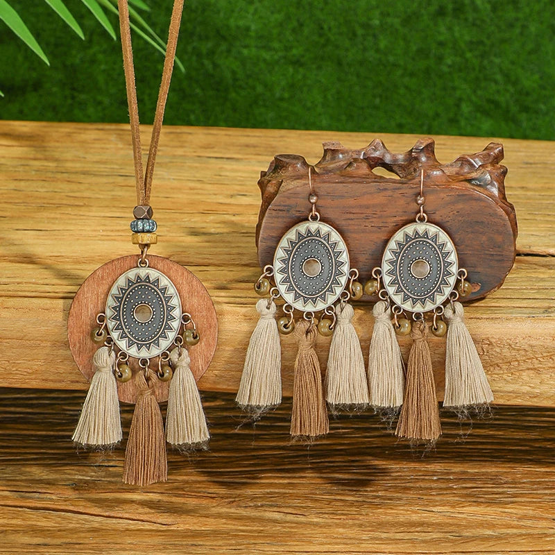 Vintage Ethnic Wooden Tassel Women's Jewelry Sets Bohemian Long Sweater Chain Holiday Daily Pendant Necklace Drop Earrings Gift