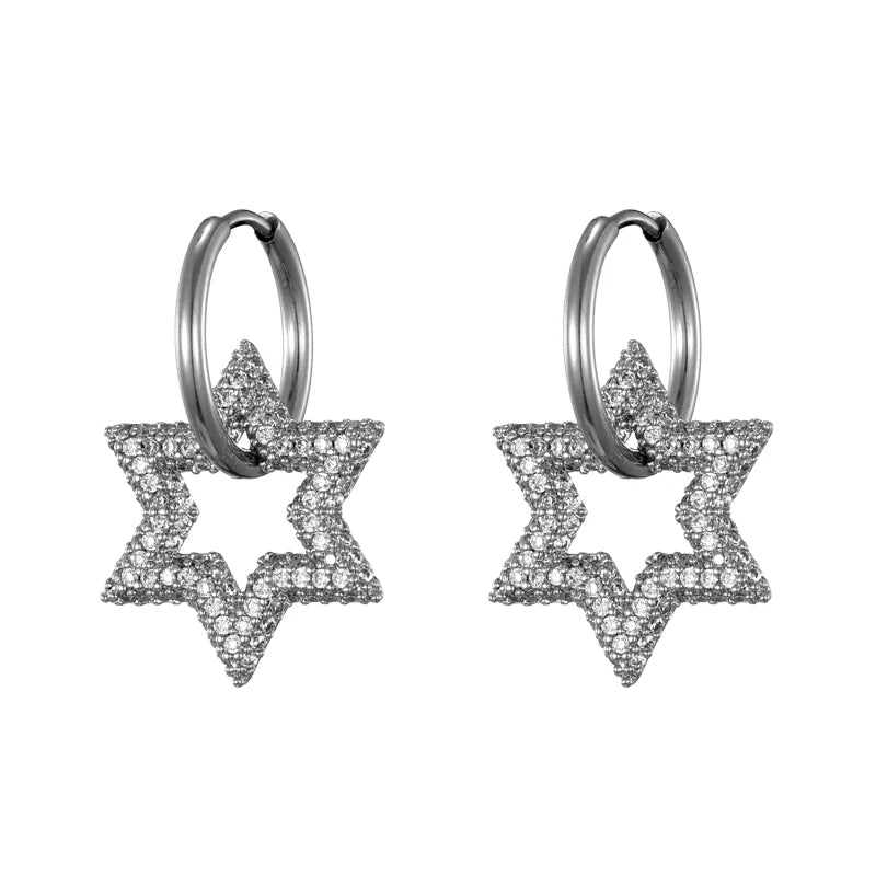 LOVBEAFAS New Star Round Stainless Steel Hoop Earrings For Women Cubic Zirconia Geometric Gold Color Wedding Elegant Jewelry