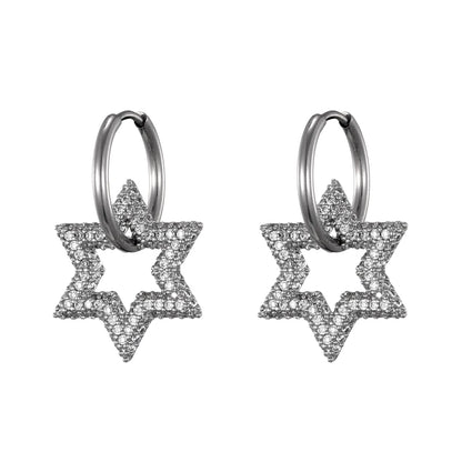LOVBEAFAS New Star Round Stainless Steel Hoop Earrings For Women Cubic Zirconia Geometric Gold Color Wedding Elegant Jewelry
