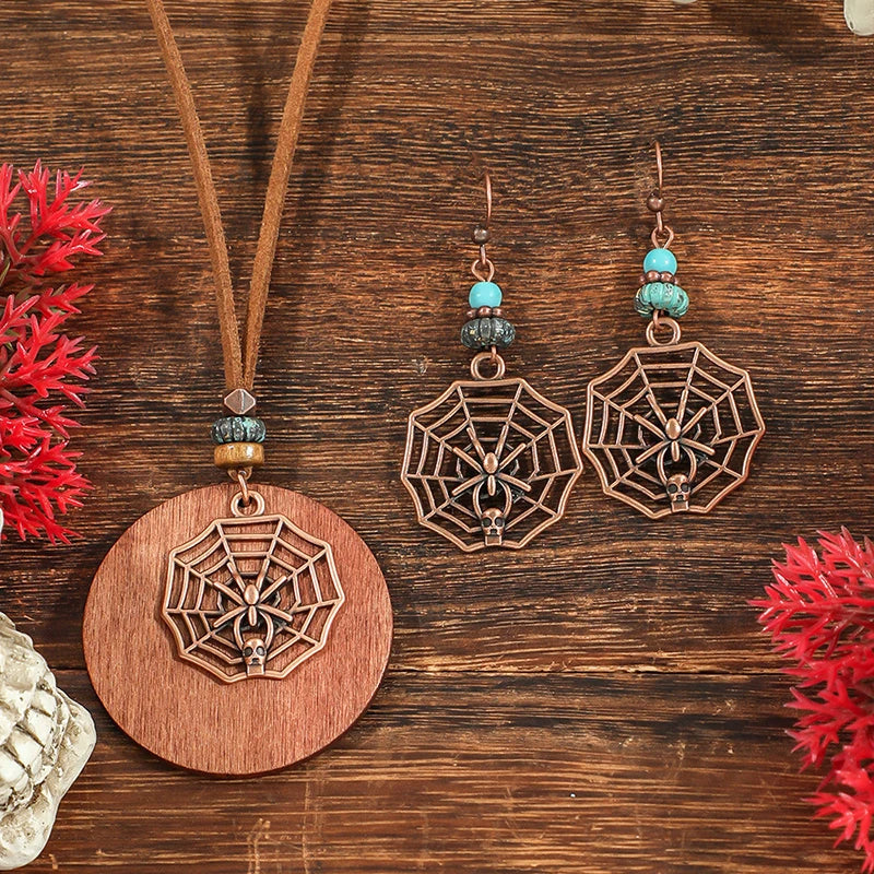 Fashion Retro Vintage Sweater Leather Rope Round Wooden Pendant Necklace Woman Jewelry Set Earrings Skull Collar Choker Necklace