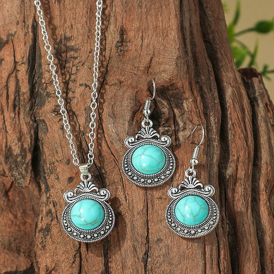 Vintage Bohemian Hollow Round Geometric Necklace Earrings Set For Women Indian Jewelry Ethnic Bule Beads Pendant Jewelry Sets