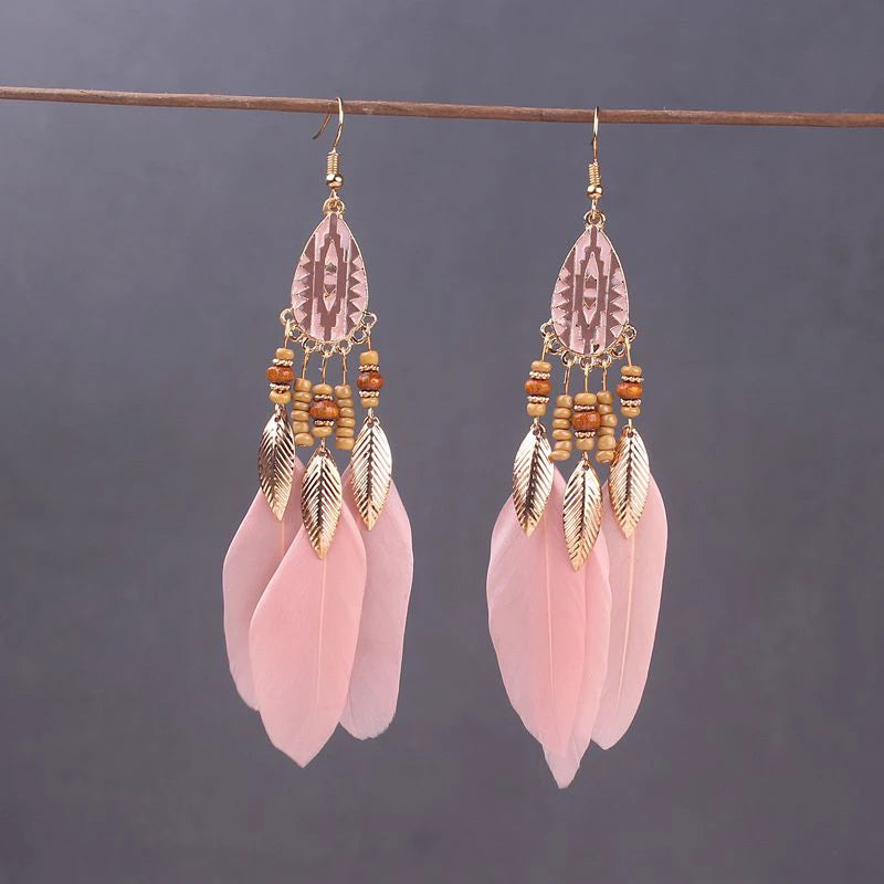 Boho Long Feather Dangle Women's Earrings Beach Long Tassel Beads Handmade Flower Enamel Earrings Bride Wedding Pendientes Mujer