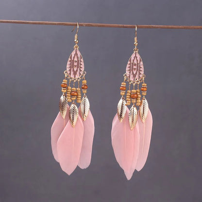Boho Long Feather Dangle Women's Earrings Beach Long Tassel Beads Handmade Flower Enamel Earrings Bride Wedding Pendientes Mujer