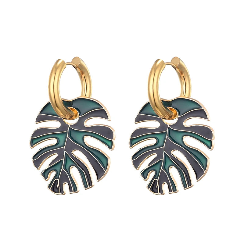 Hot Colorful Big Leaf Pendant Gold Color Stainless Steel Earrings For Women Jewelry Vintage Statement Enamel Round Hoop Earrings